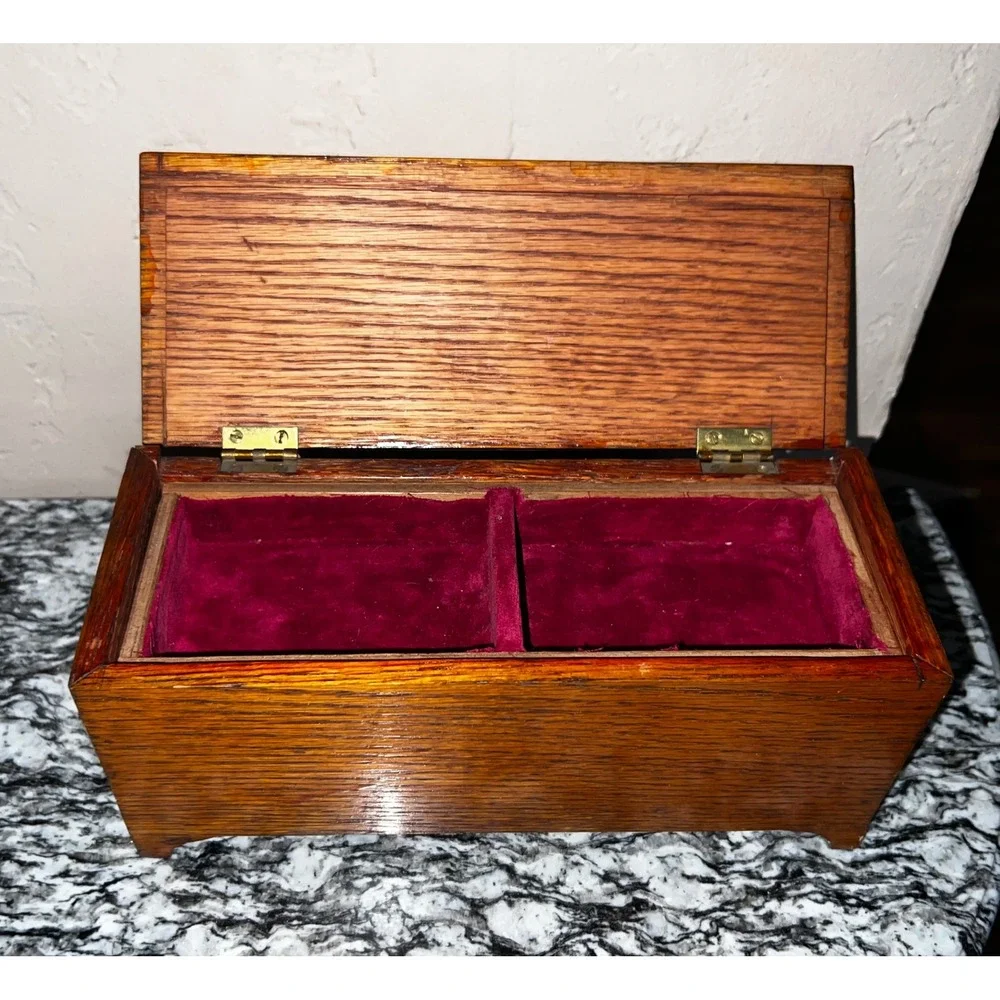 Vintage Wood Jewelry Box‎ Brown Velvet Lining Removable Tray Storage Case